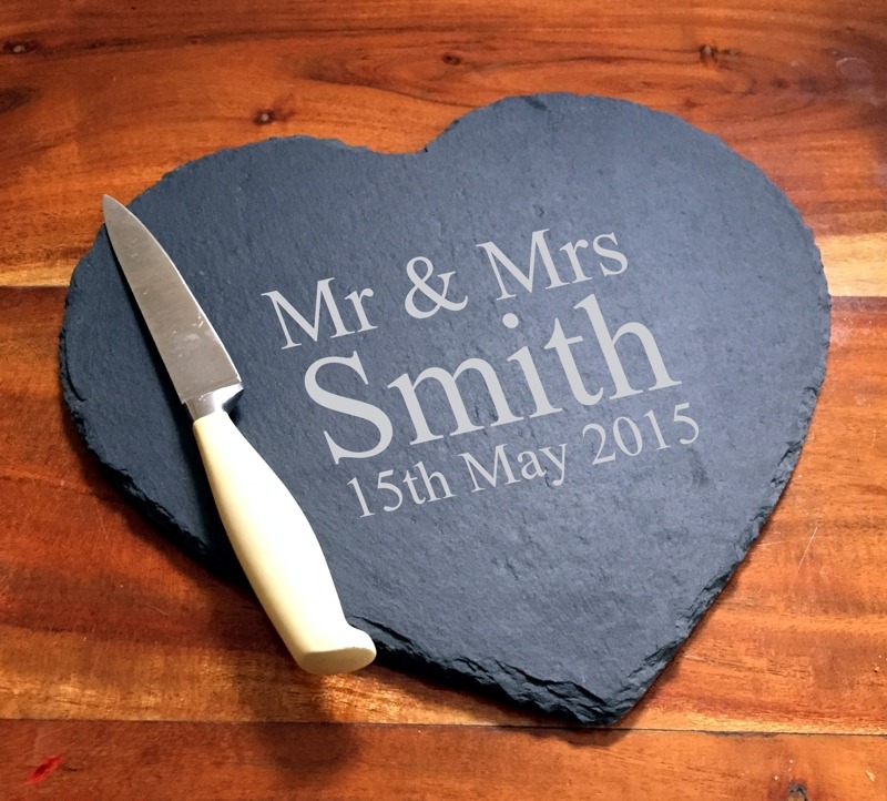 Mr & Mrs Engraved Heart Slate Cheese Board Personalised with Surname and the Date of the Wedding