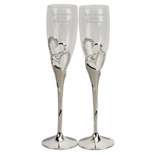 Silverplated diamante heart champagne flutes