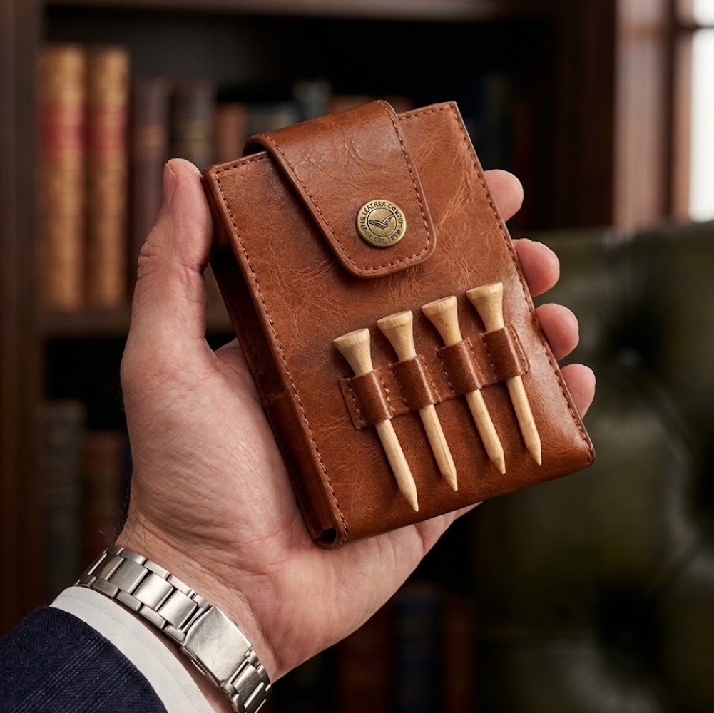 Leather golf inspired case for personalised hipflask. Includes four wooden golf tees, a golf placement marker plus a personalised stainless steel hipflask for your day out on the golf course.