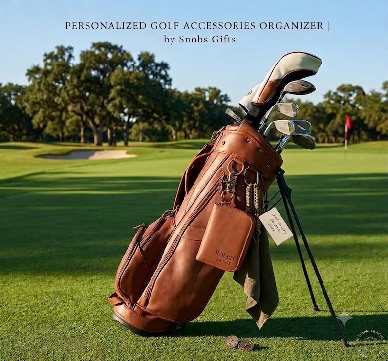 Personalised brown leather golf accessory gift set
