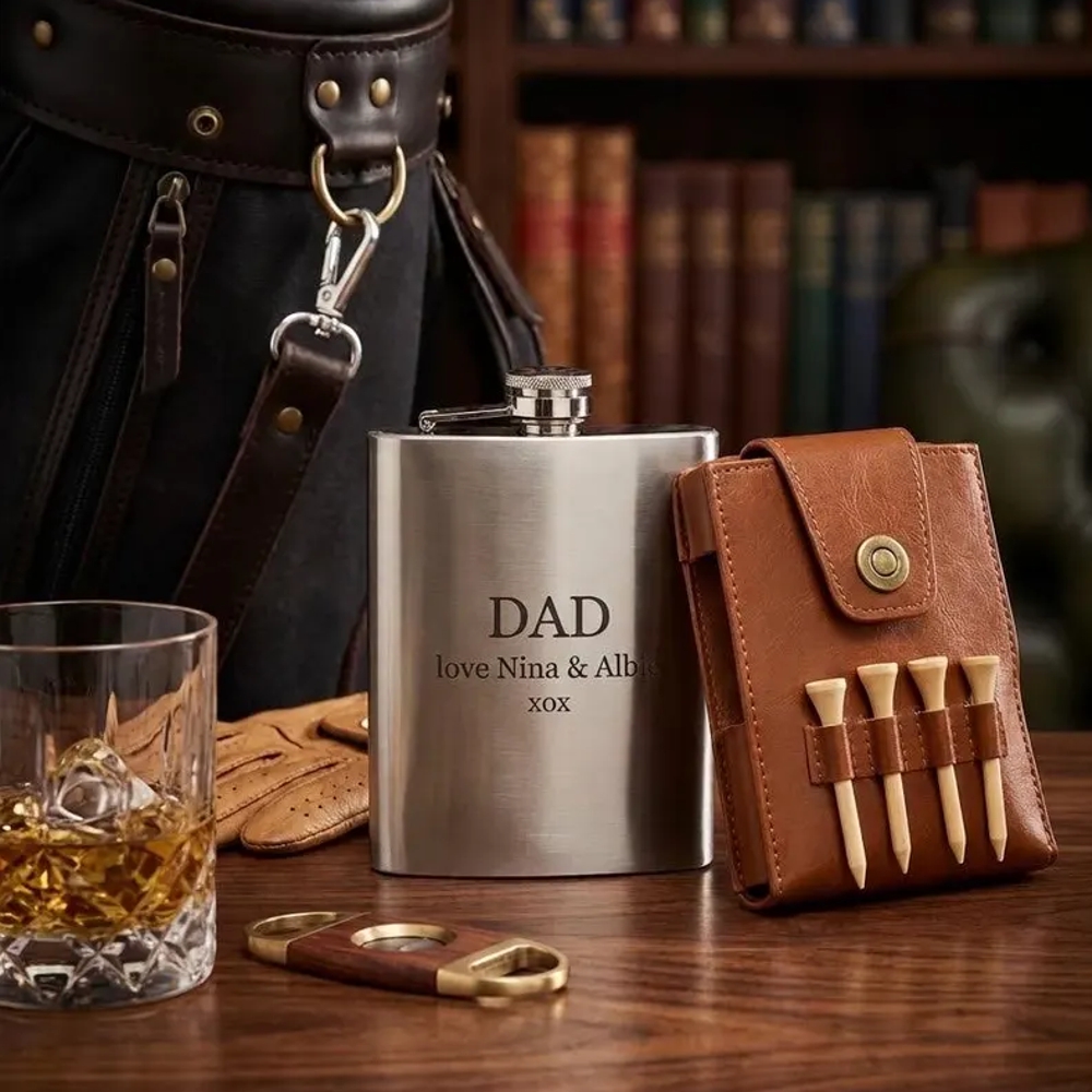 Personalised Hipflask and Leather Golf Case